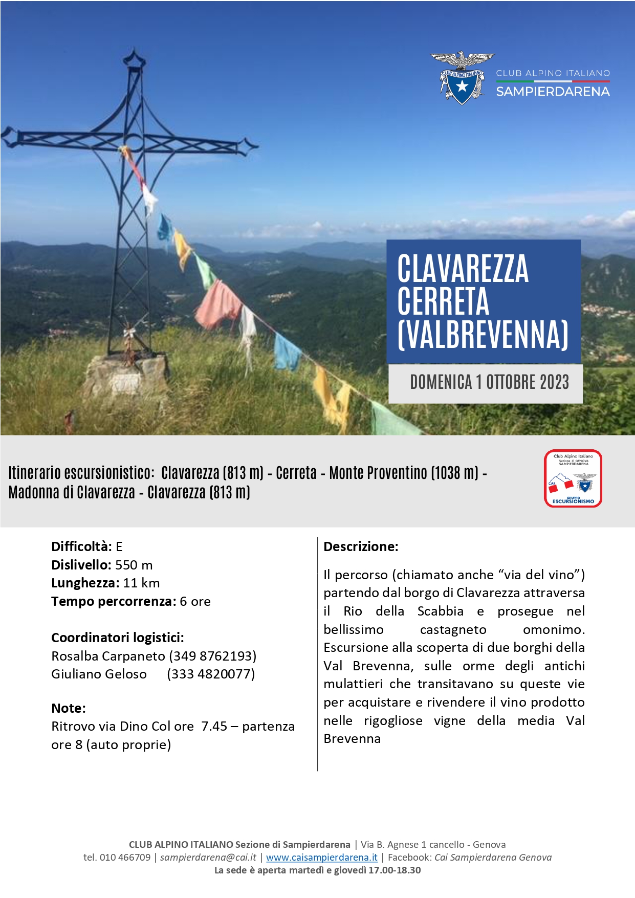 Domenica 1 Ottobre – Escursionismo – Clavarezza-Cerreta-M.Proventino