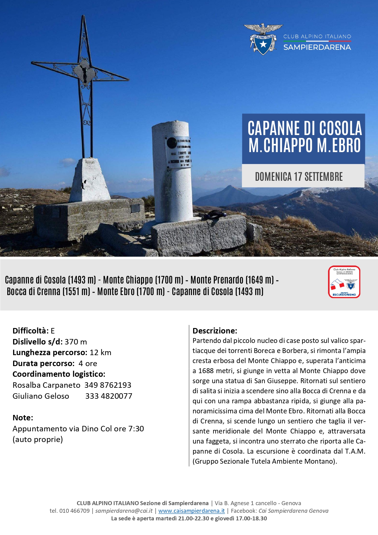 17 Settembre – Escursionismo – TAM – Capanne di Cosola-M.Chiappo-M.Ebro