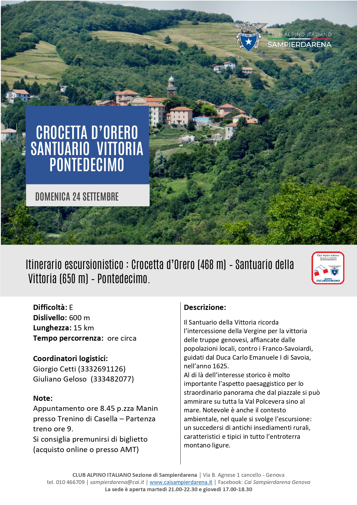Domenica 24 Settembre – Escursionismo – Crocetta d’Orero-Santuario Vittoria-Pontedecimo