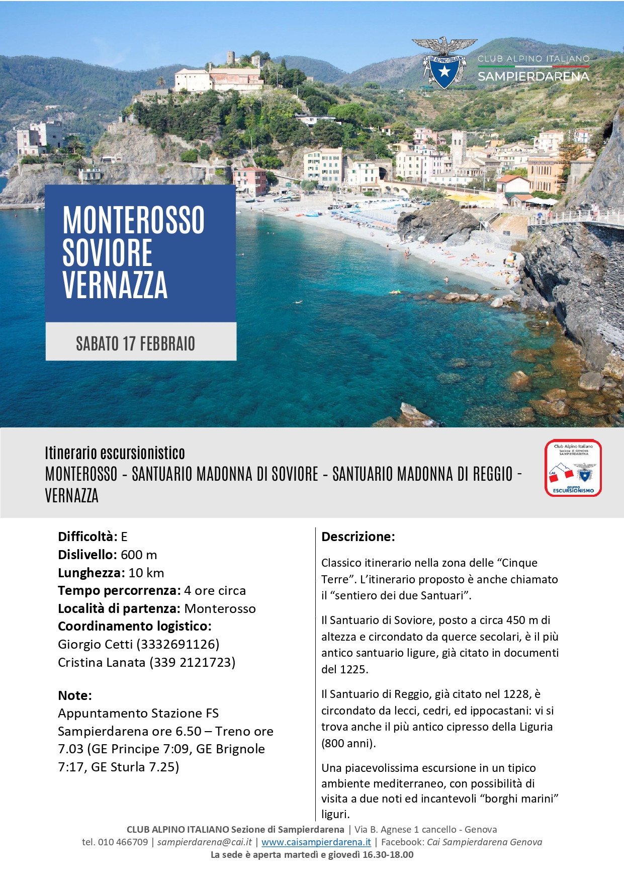 Sabato 17 Febbraio – Escursionismo – Monterosso-Soviore-Vernazza