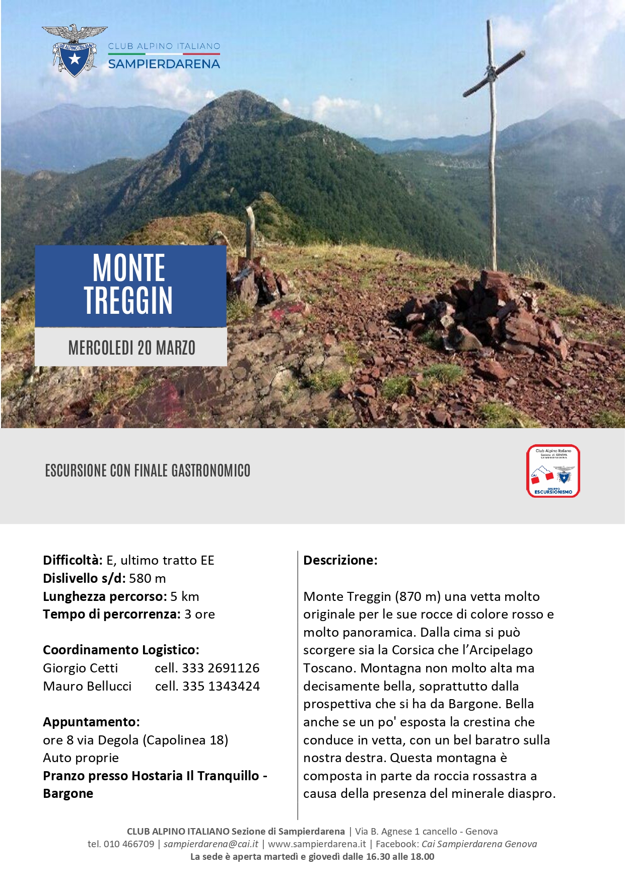 Mercoledi 20 Marzo – Escursionismo – Monte Treggin