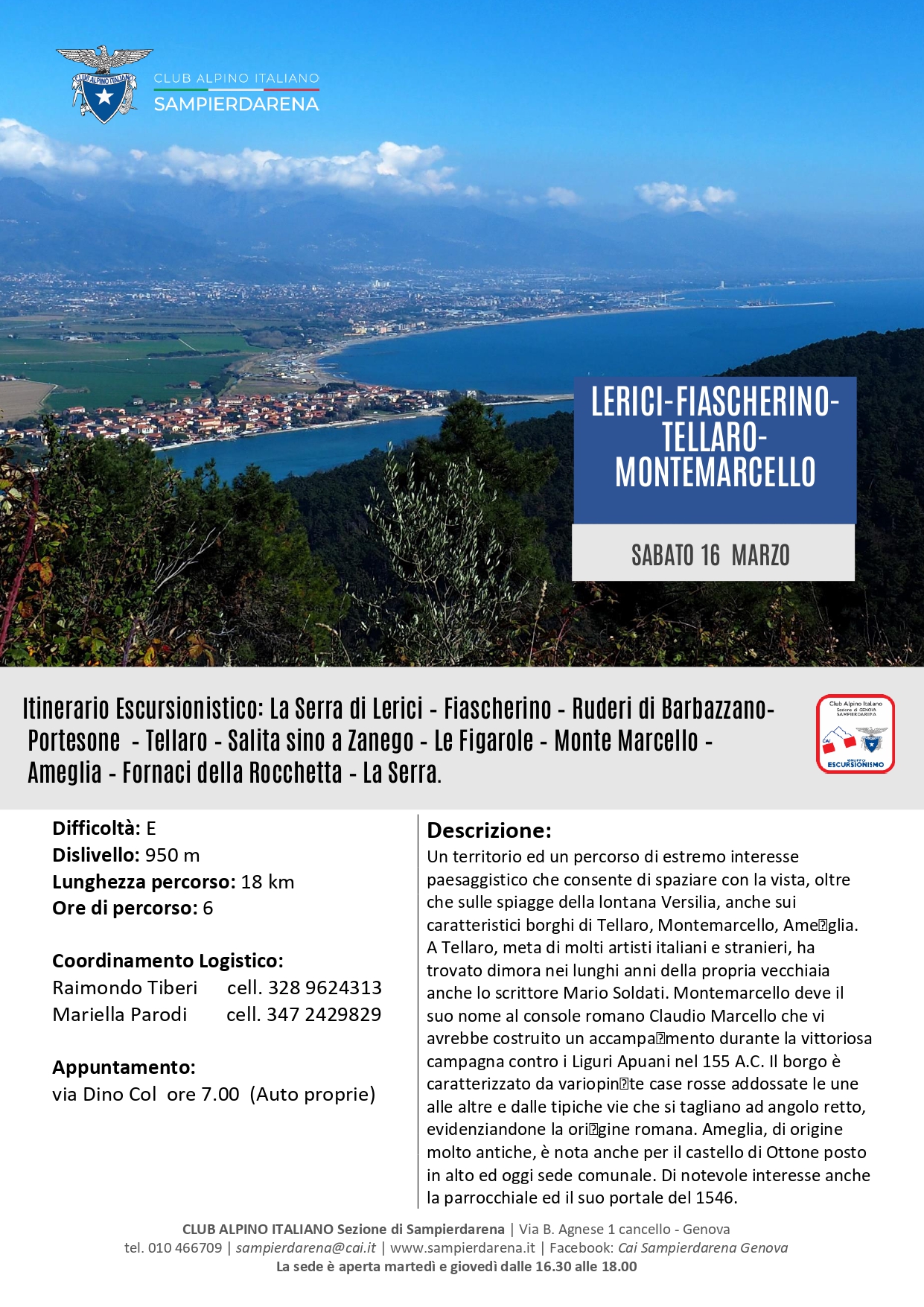 Domenica 17 Marzo- Escursionismo – Lerici-Fiascherino-Tellaro-Monte Marcello