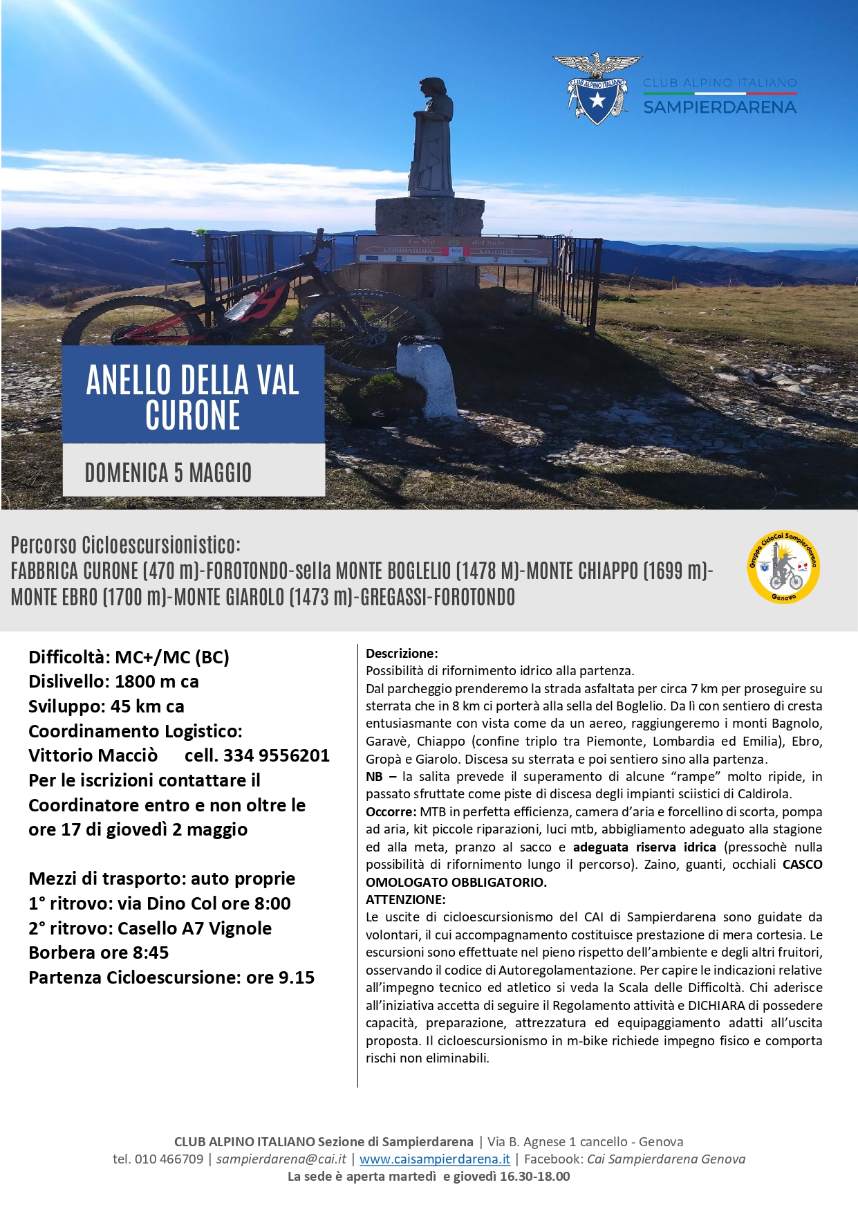 Domenica 5 Maggio – Cicloescursionismo – Anello della Val Curone