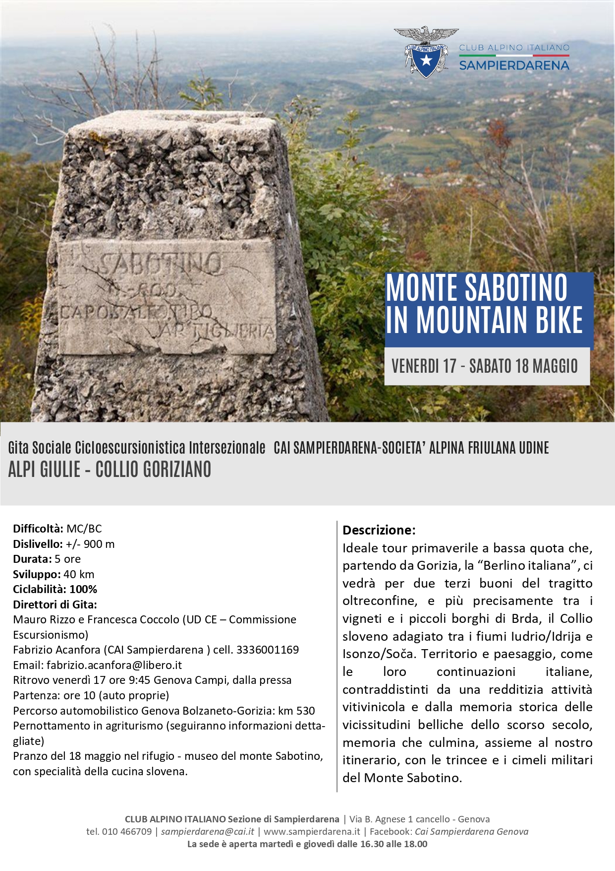 Venerdi 17 e Sabato 18 Maggio – Cicloescursionismo – M.Sabotino in mountain bike