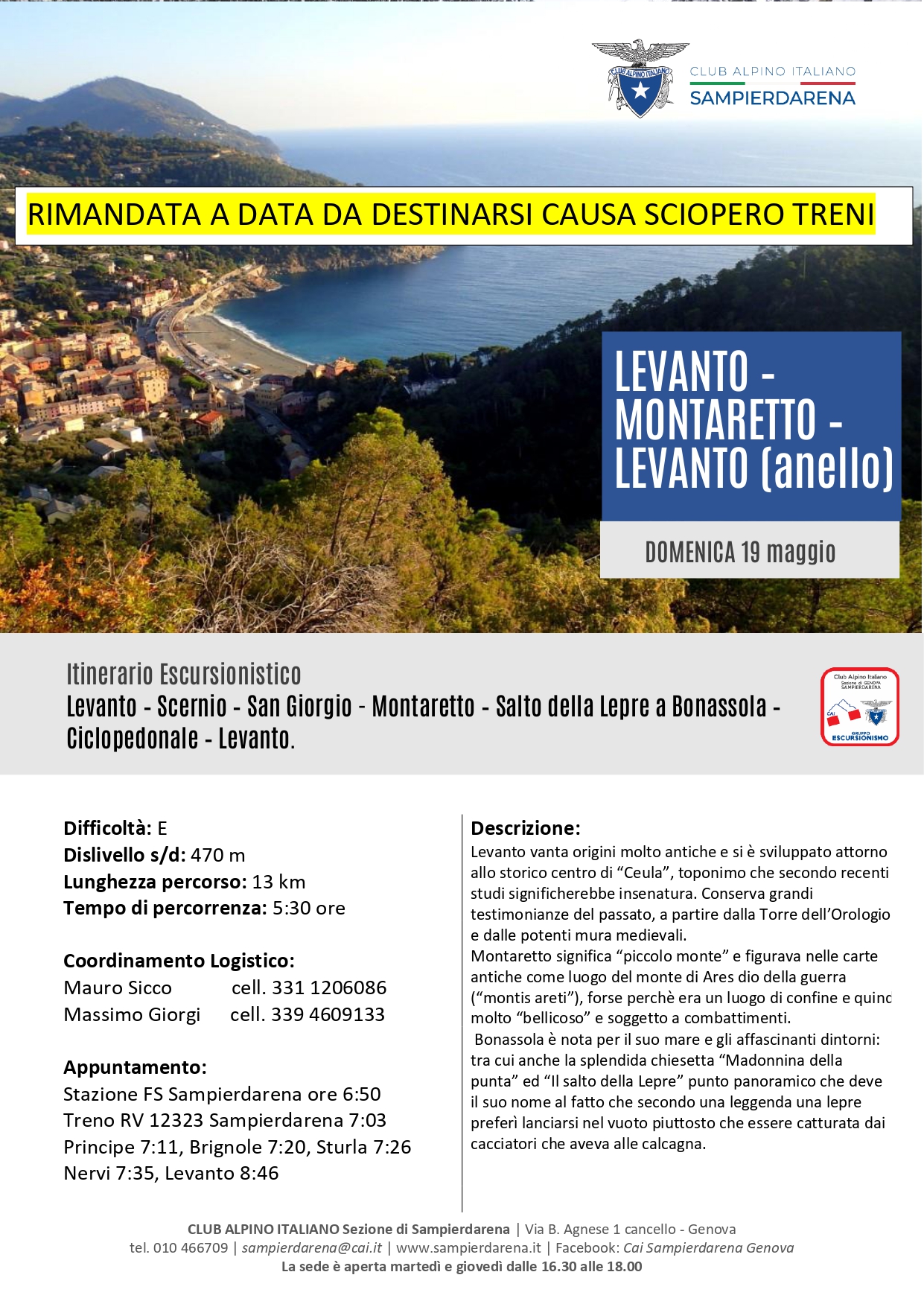 RINVIATA: Domenica 19 Maggio – Escursionismo – Levanto-Montaretto-Levanto (Anello)