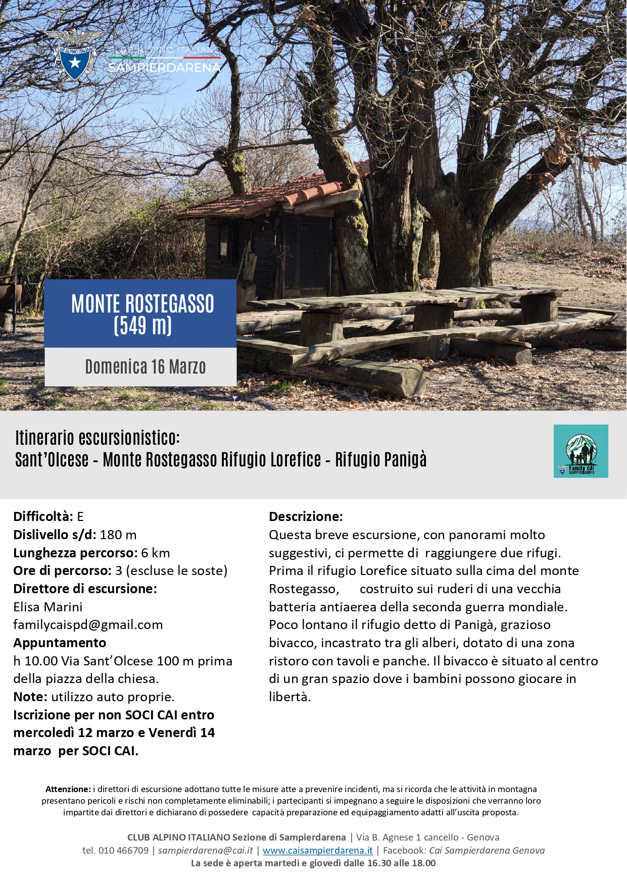 Domenica 16 Marzo – CAI Family – Monte Rostegasso