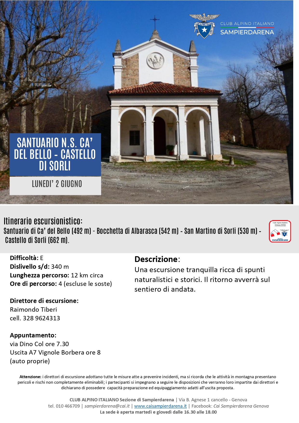 Lunedì 2 Giugno – Escursionismo – Santuario Cà del Bello-Castello di Sorli