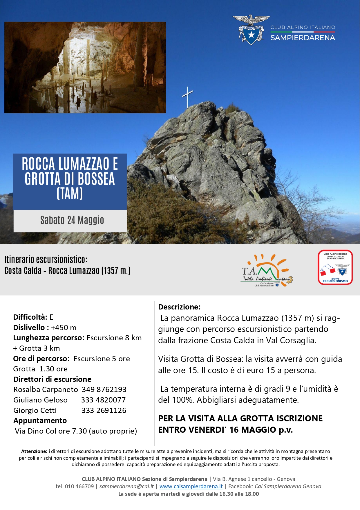 Sabato 24 Maggio – TAM/Escursionismo – Rocca Lumazzao e Grotta di Bossea