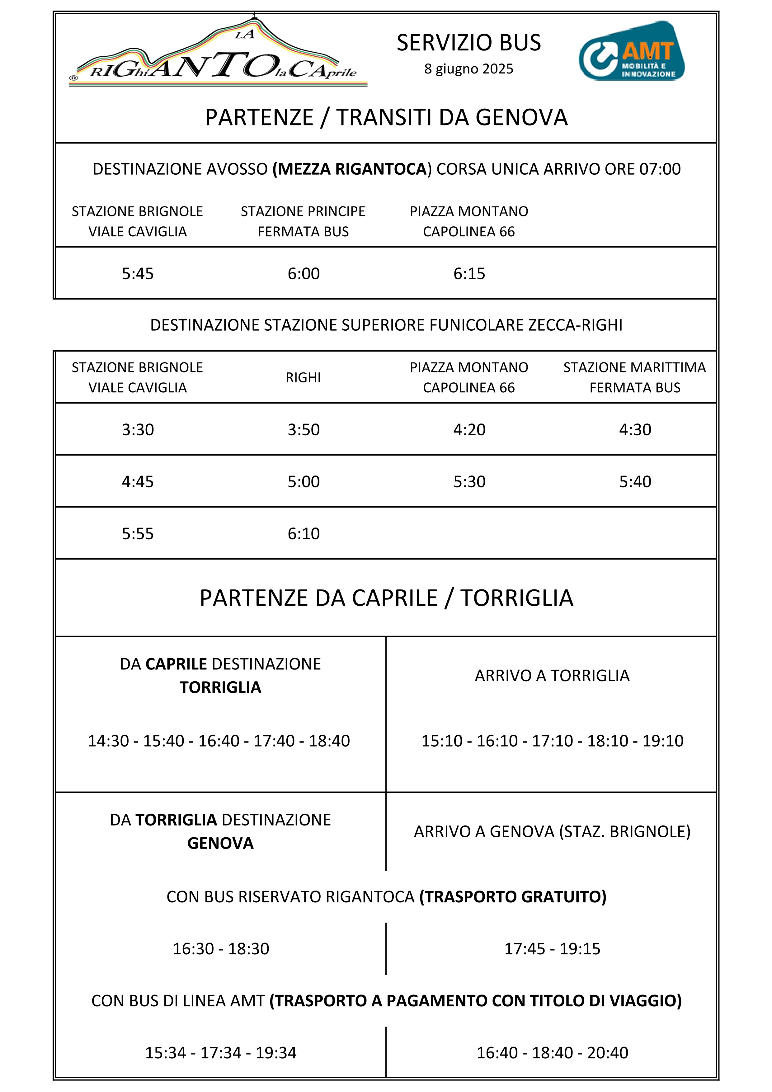 Tabella orari navette Rigantoca
